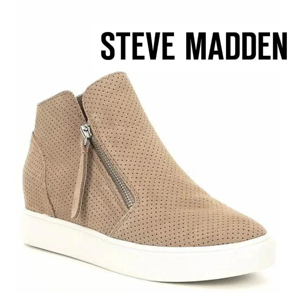 Steve Madden, Caliber Perforated Suede‎ Wedge Sneaker, Tan, Beige, White